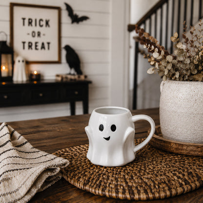 Gia Roma Ghost Mug white ceramic coffee mug shaped like a friendly ghost with black eyes on Tampa Home & Garden Store