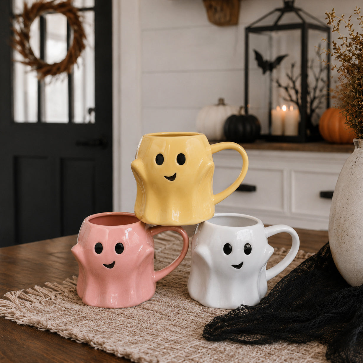 Ghost mug set of 3 ceramic Gia Roma coffee mugs in yellow pink white with smiling faces on Tampa Home & Garden Store
