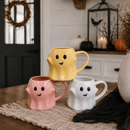 Ghost mug set of 3 ceramic Gia Roma coffee mugs in yellow pink white with smiling faces on Tampa Home & Garden Store