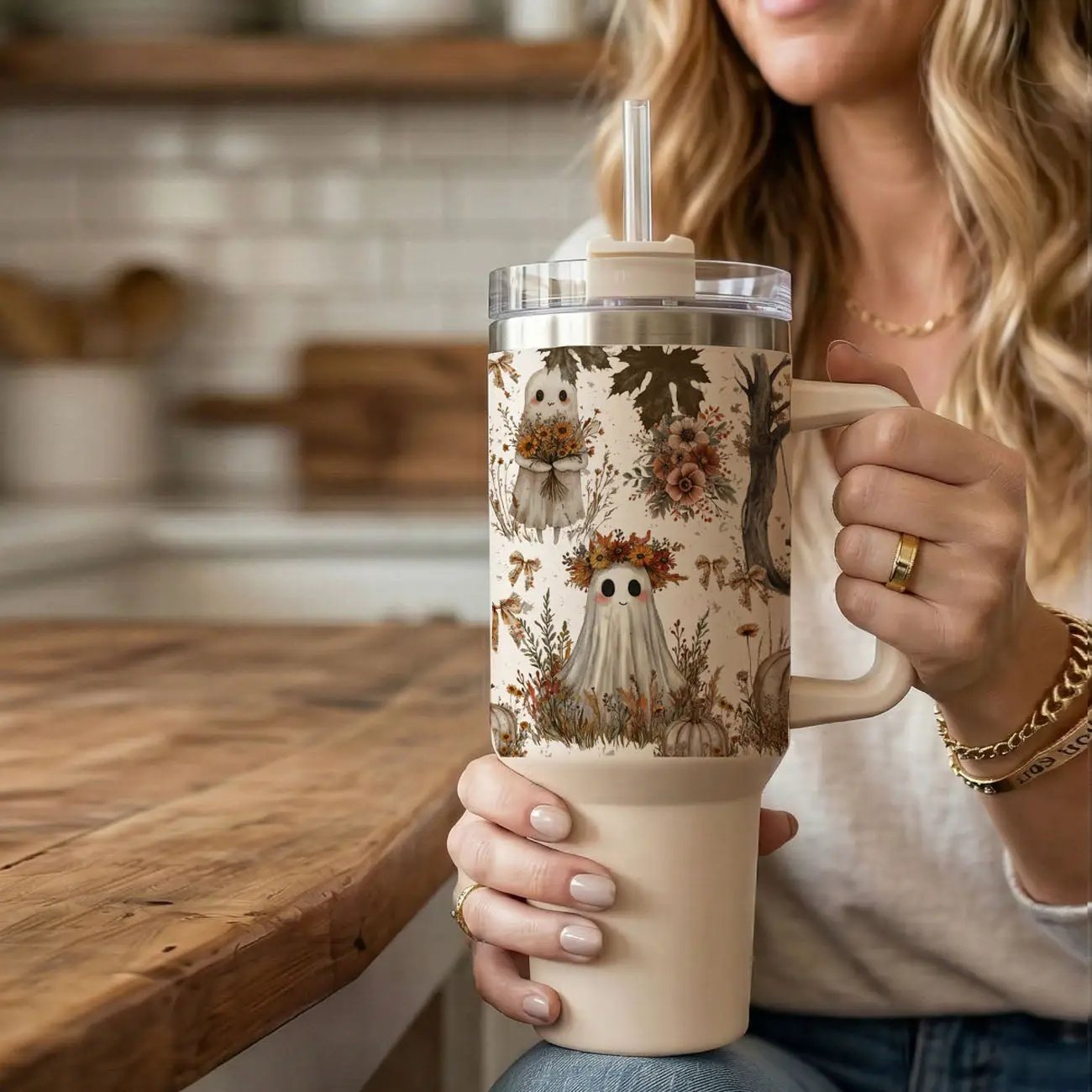 Boho Spooks 40oz Tumbler for Fall Ghosts and Bows
