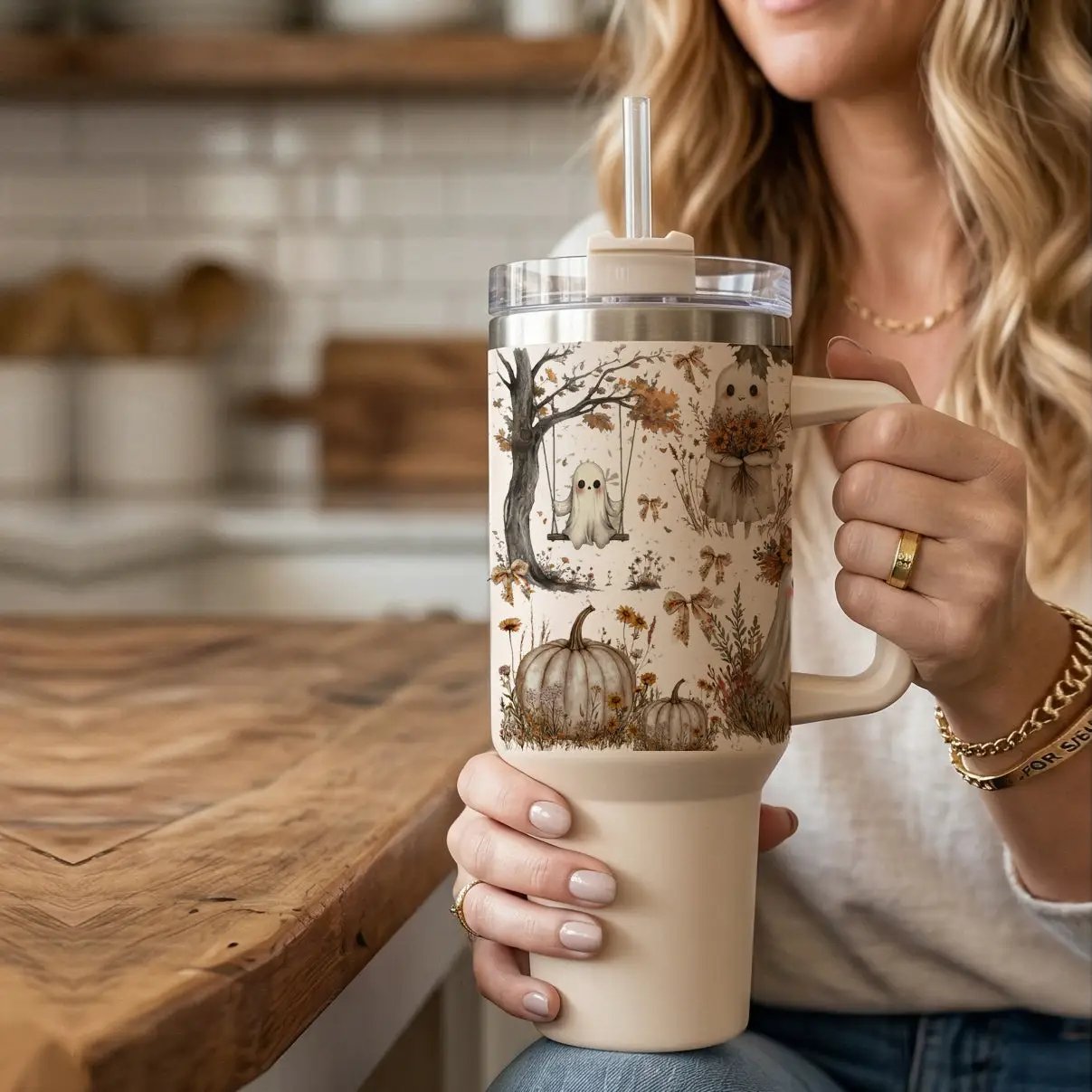 Boho Spooks 40oz Tumbler for Fall Ghosts and Bows