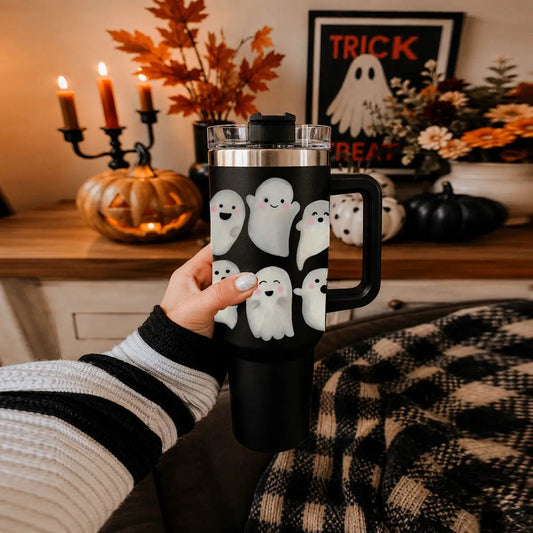 Gia Roma Ghosts 40oz travel mug with black tumbler and cute ghost print, clear lid on Tampa Home & Garden Store