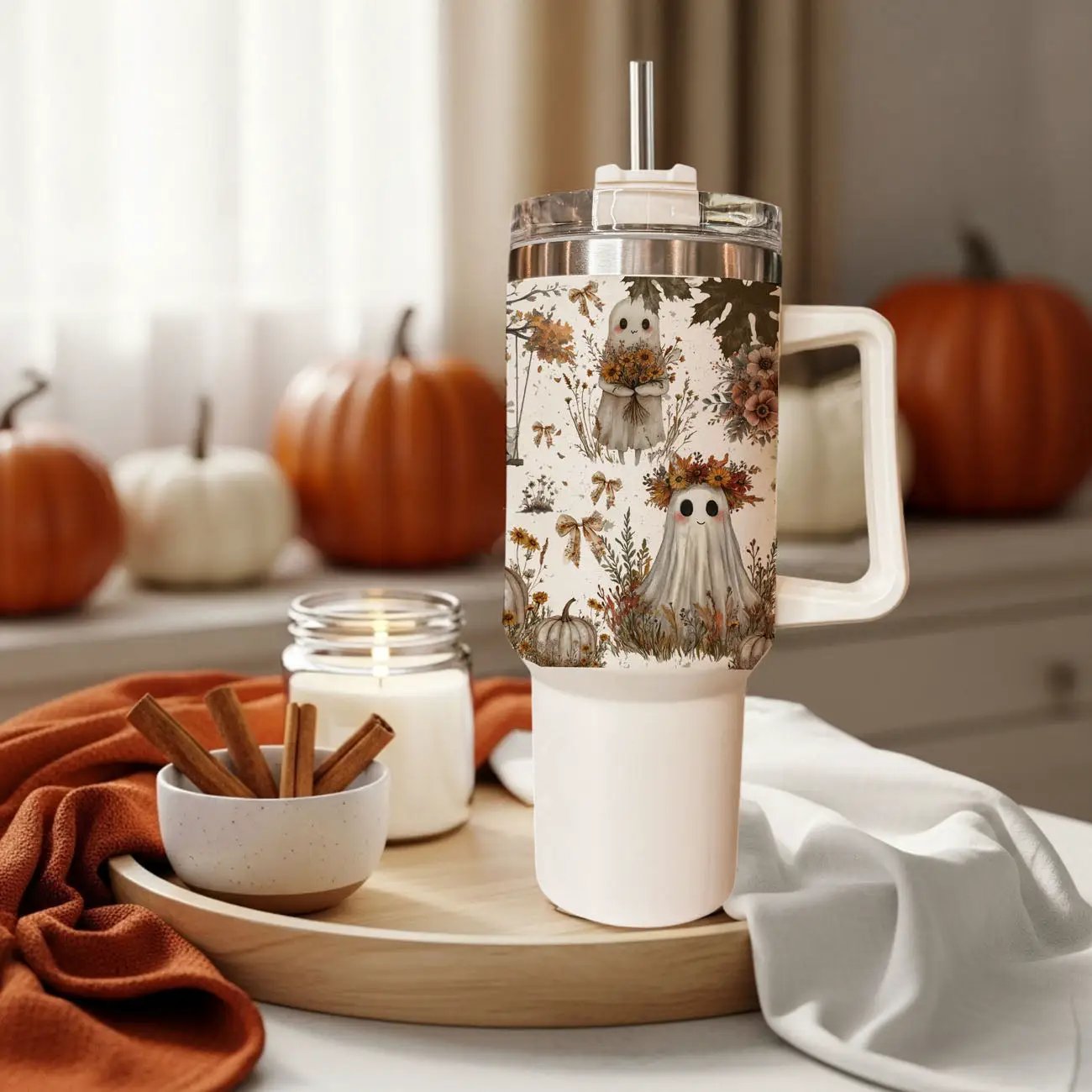 Boho Spooks 40oz Tumbler for Fall Ghosts and Bows