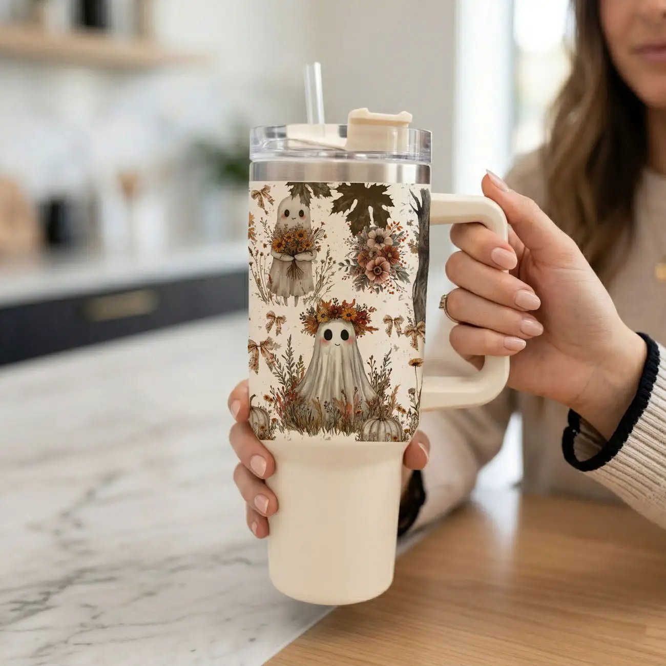 Boho Spooks 40oz Tumbler for Fall Ghosts and Bows