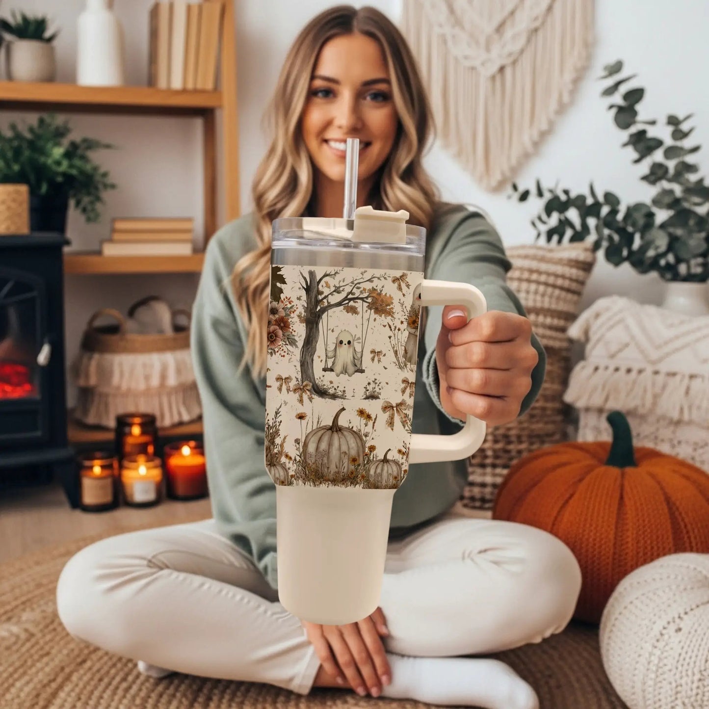 Boho Spooks 40oz Tumbler for Fall Ghosts and Bows