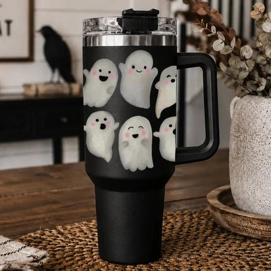 Ghosts 40oz travel mug Gia Roma with black body, clear lid, and integrated handle on Tampa Home & Garden Store