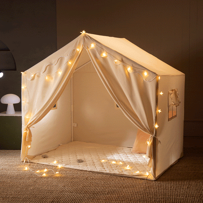 Tiny Land Kids Tent large cozy beige fabric play house with star-light string lights on Tampa Home & Garden Store