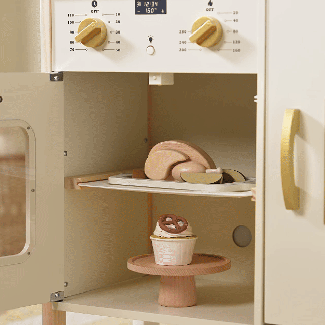 Tiny Land PopJoy Play Kitchen cream wooden toy kitchen with open oven and assorted wooden foods on Tampa Home & Garden Store