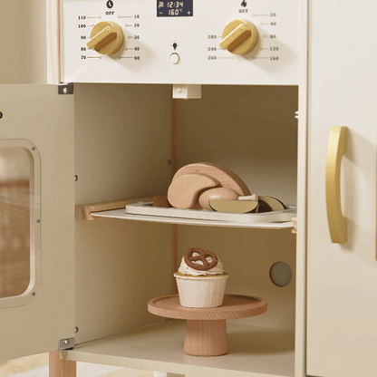 Tiny Land PopJoy Play Kitchen cream wooden toy kitchen with open oven and assorted wooden foods on Tampa Home & Garden Store