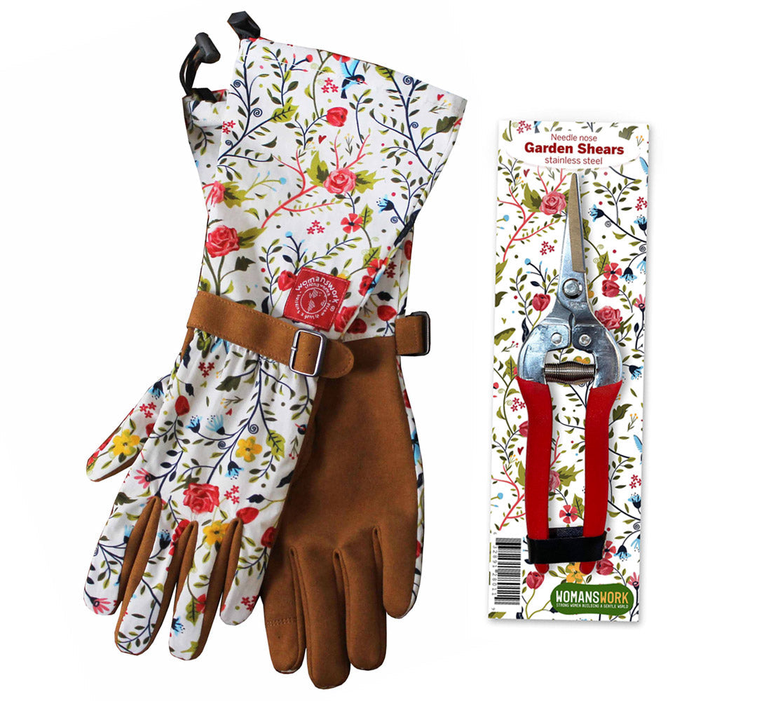 The Gardener’s Essentials Gift Set by Womanswork: floral gloves and red-handled garden shears on Tampa Home & Garden Store