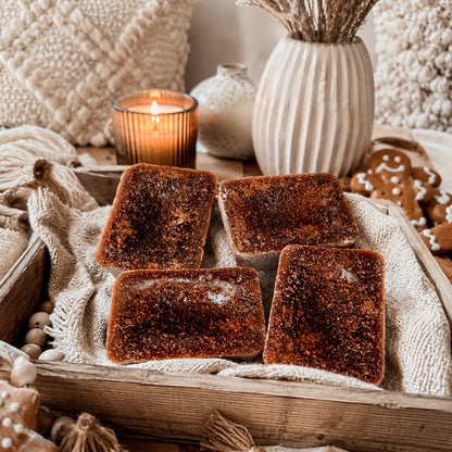 Gingerbread Spiced Latte XL wax melt Gia Roma four brown wax tarts on wooden tray on Tampa Home & Garden Store