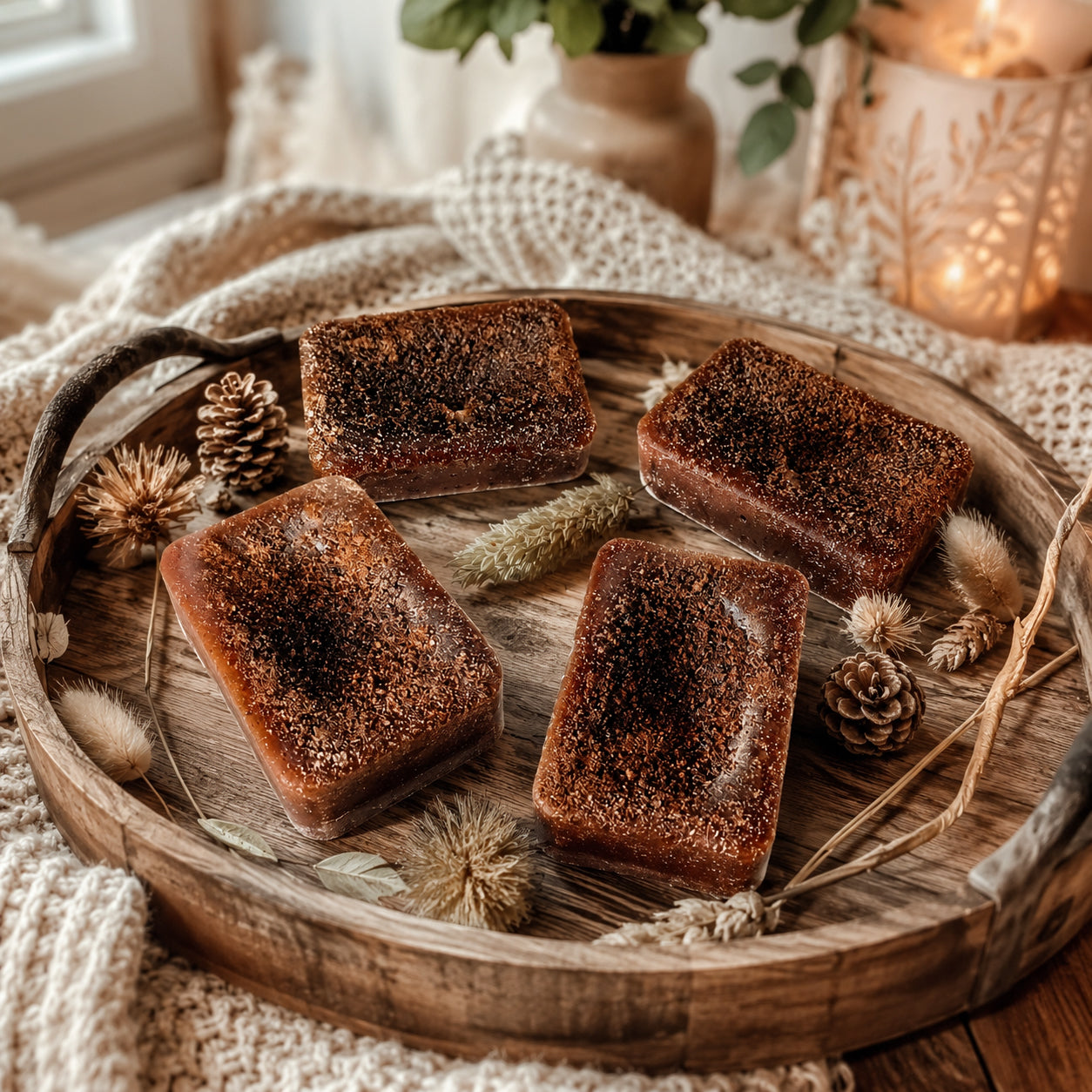 Gingerbread Spiced Latte XL wax melts on a rustic wooden tray with brown sugar tops on Tampa Home & Garden Store