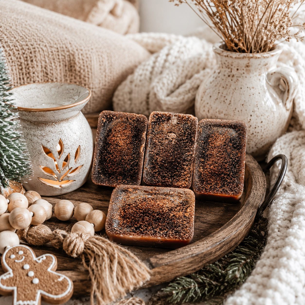 Gia Roma Gingerbread Spiced Latte XL wax melt, four brown speckled wax tarts on a rustic tray on Tampa Home & Garden Store