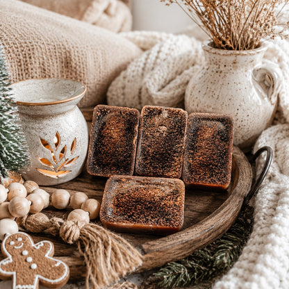 Gia Roma Gingerbread Spiced Latte XL wax melt, four brown speckled wax tarts on a rustic tray on Tampa Home & Garden Store