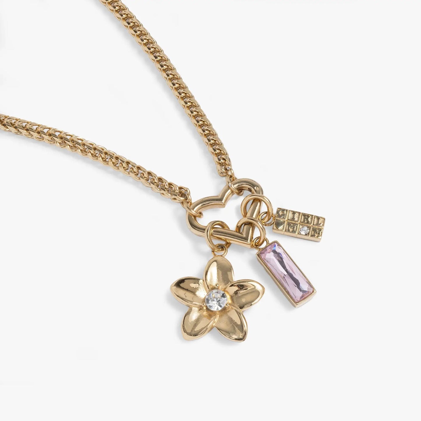 Girl Mom Interchangeable Charm Necklace gold-tone chain with flower and pink crystal charms on Tampa Home & Garden Store