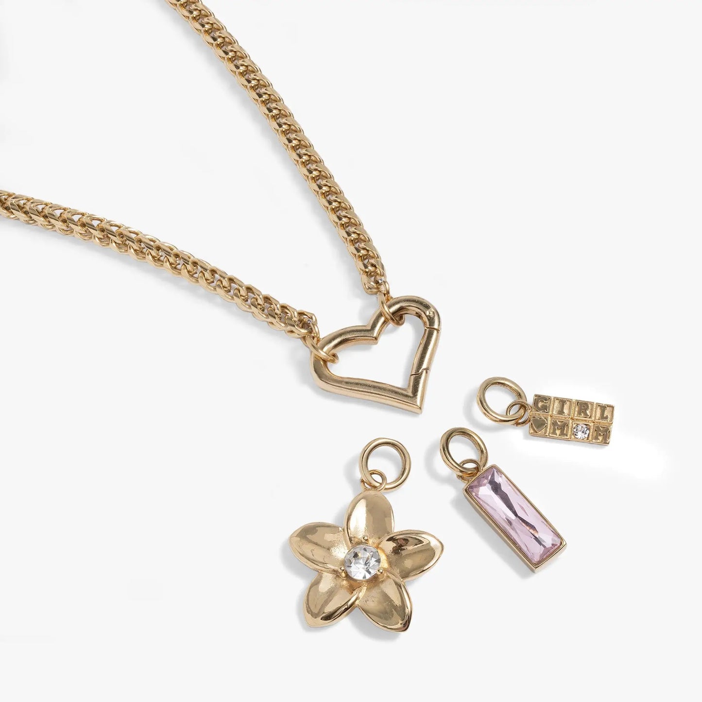 Girl Mom Interchangeable Charm Necklace gold-tone chain with heart pendant and pink crystal on Tampa Home & Garden Store