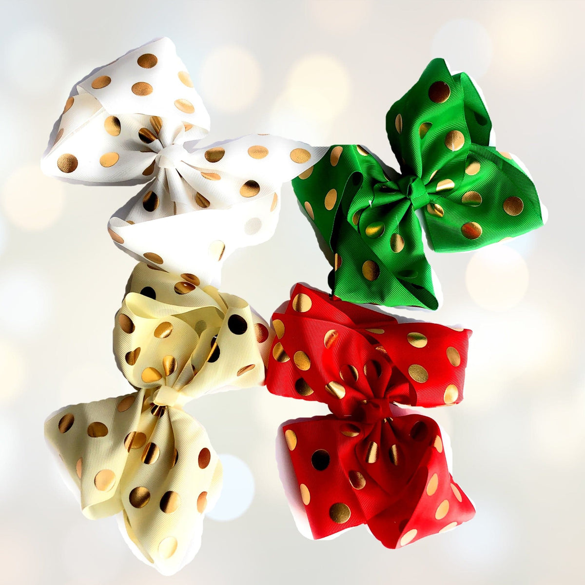 Girls 7in metallic gold polka dot grosgrain hair bow on alligator clip set of four on Tampa Home & Garden Store