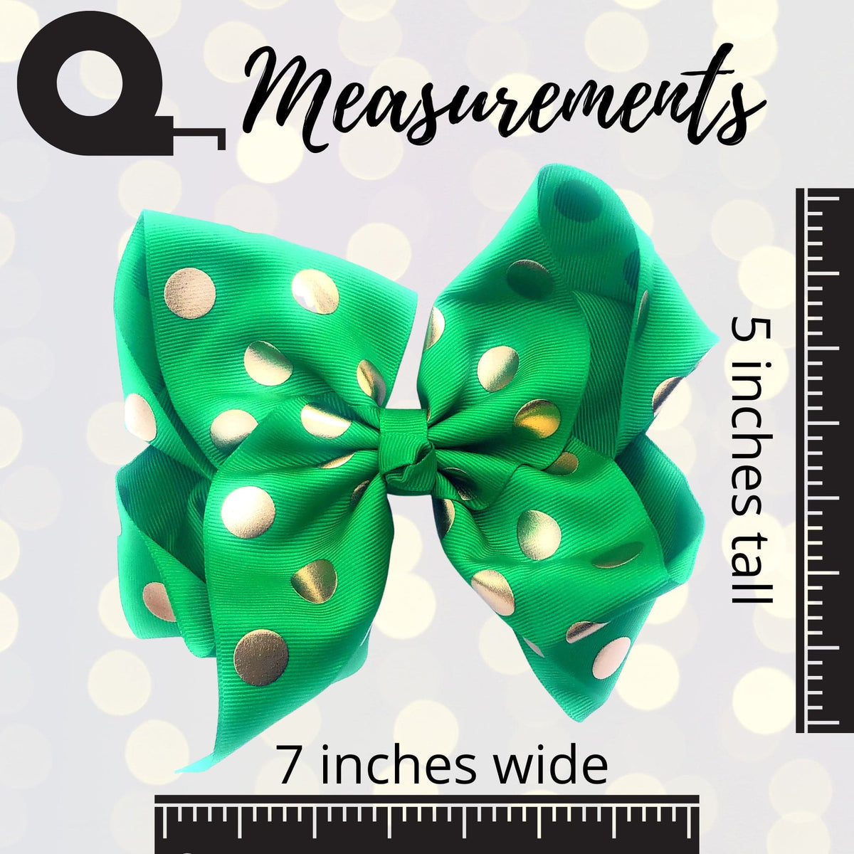 Girls 7 inch green grosgrain hair bow with metallic gold polka dots on an alligator clip by Chicky Chicky Bling Bling on Tampa Home & Garden Store