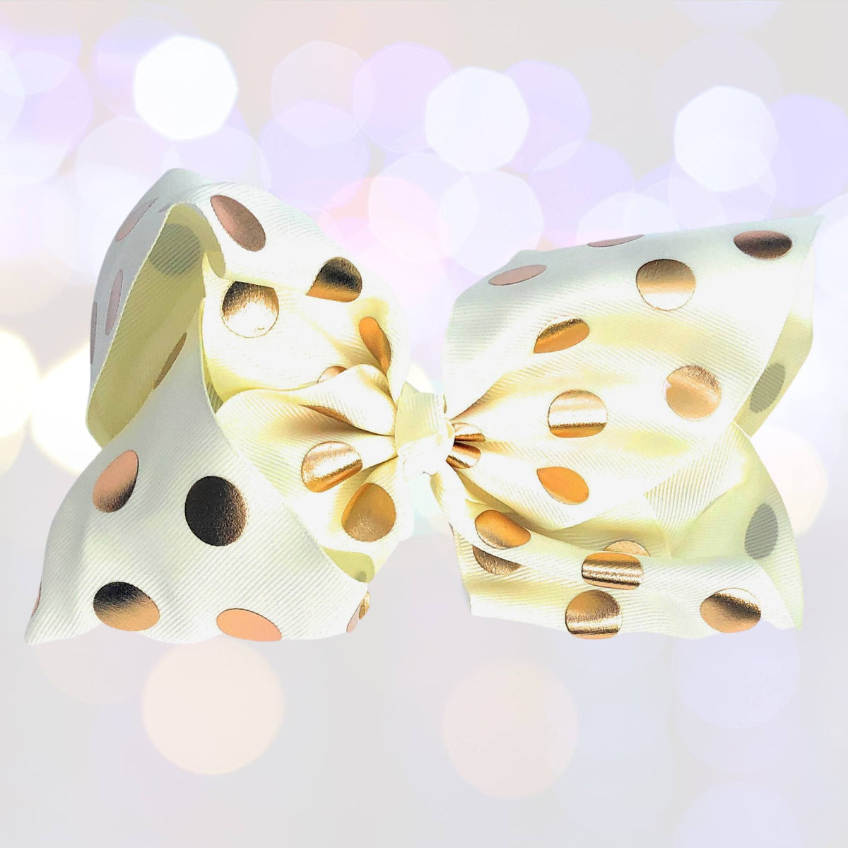 Girls 7in metallic gold polka dot grosgrain hair bow on alligator clip, pair on Tampa Home & Garden Store