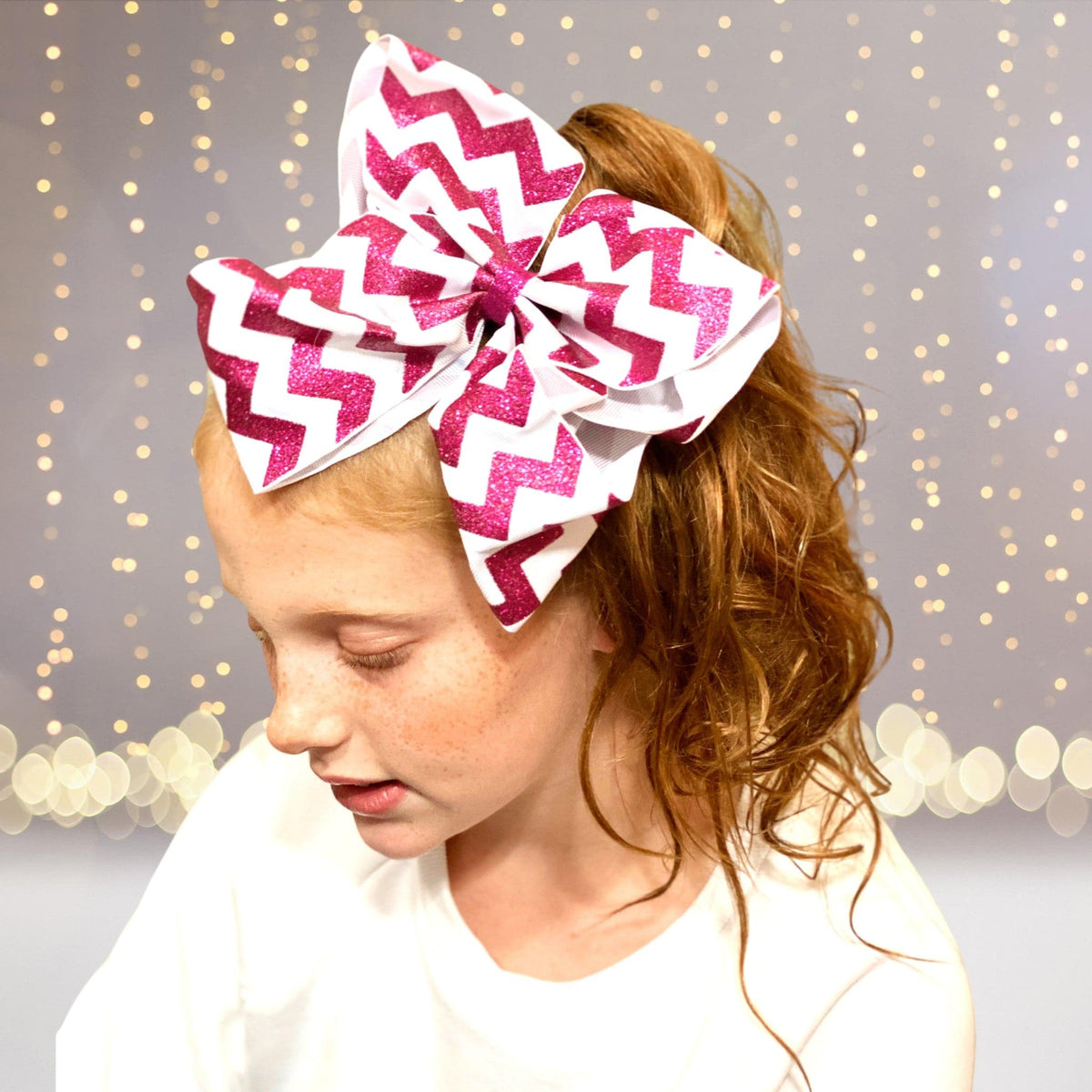 Girls glitter chevron hair bow by Chicky Chicky Bling Bling in pink glitter on white fabric on Tampa Home & Garden Store