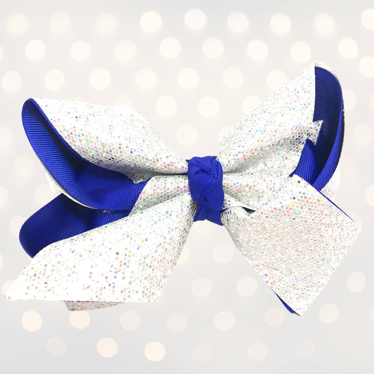 Girls large sparkle cheer and dance hair bow with silver glitter and royal blue ribbon on Tampa Home & Garden Store