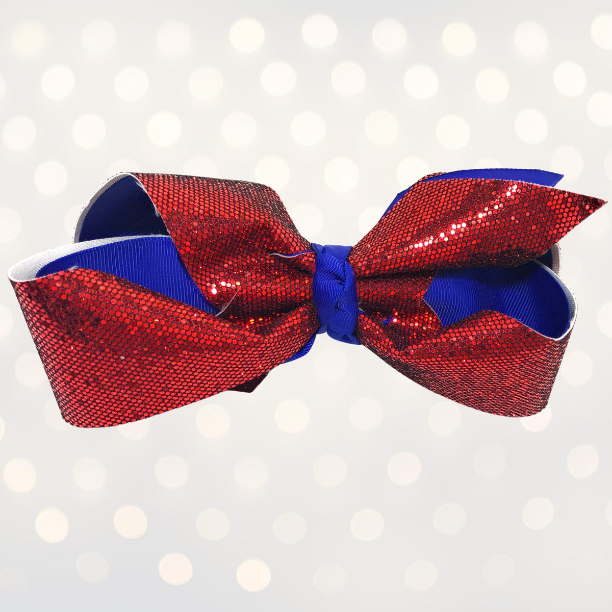 Girls Large Sparkle Cheer and Dance Hair Bow in red glitter with royal blue accents on Tampa Home & Garden Store