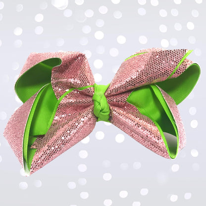Hair bow pink glitter with lime green trim by Chicky Chicky Bling Bling on Tampa Home & Garden Store