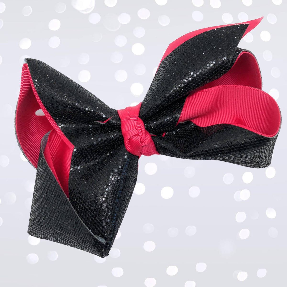 Girls Large Sparkle Cheer and Dance Hair Bow black glitter mesh with hot pink satin edges on Tampa Home & Garden Store