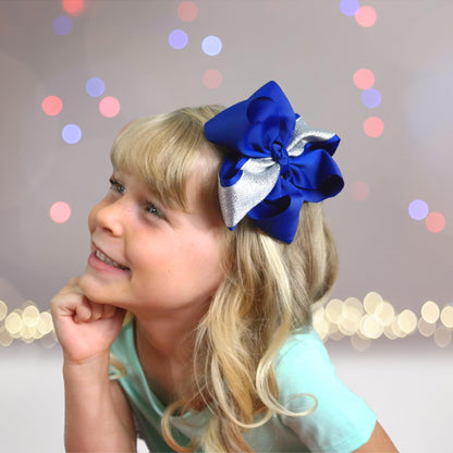 Girls Metallic Shimmer Boutique Bow hair bow in royal blue with silver accent on Tampa Home & Garden Store