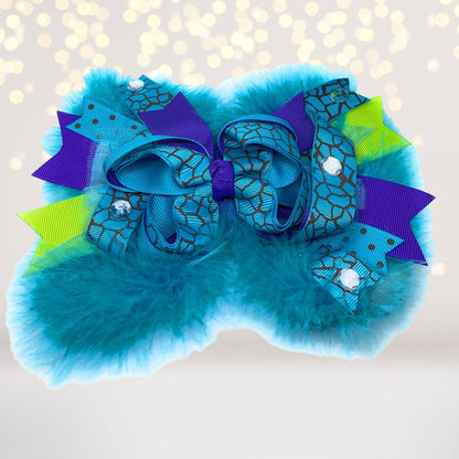 Girls Over the Top Marabou Hair Bow featuring teal marabou and blue ribbons on Tampa Home & Garden Store