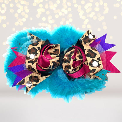 Girls Over the Top Marabou Hair Bow with blue marabou and leopard-print ribbons on Tampa Home & Garden Store
