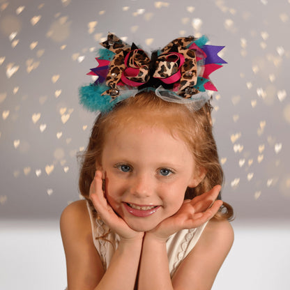Girls Over the Top Marabou Hair Bow with leopard print ribbons and rhinestone beads on Tampa Home & Garden Store