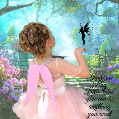 Girls Sequin Pixie Fairy Wings pink costume wings worn by a young girl in a pink tulle dress on Tampa Home & Garden Store