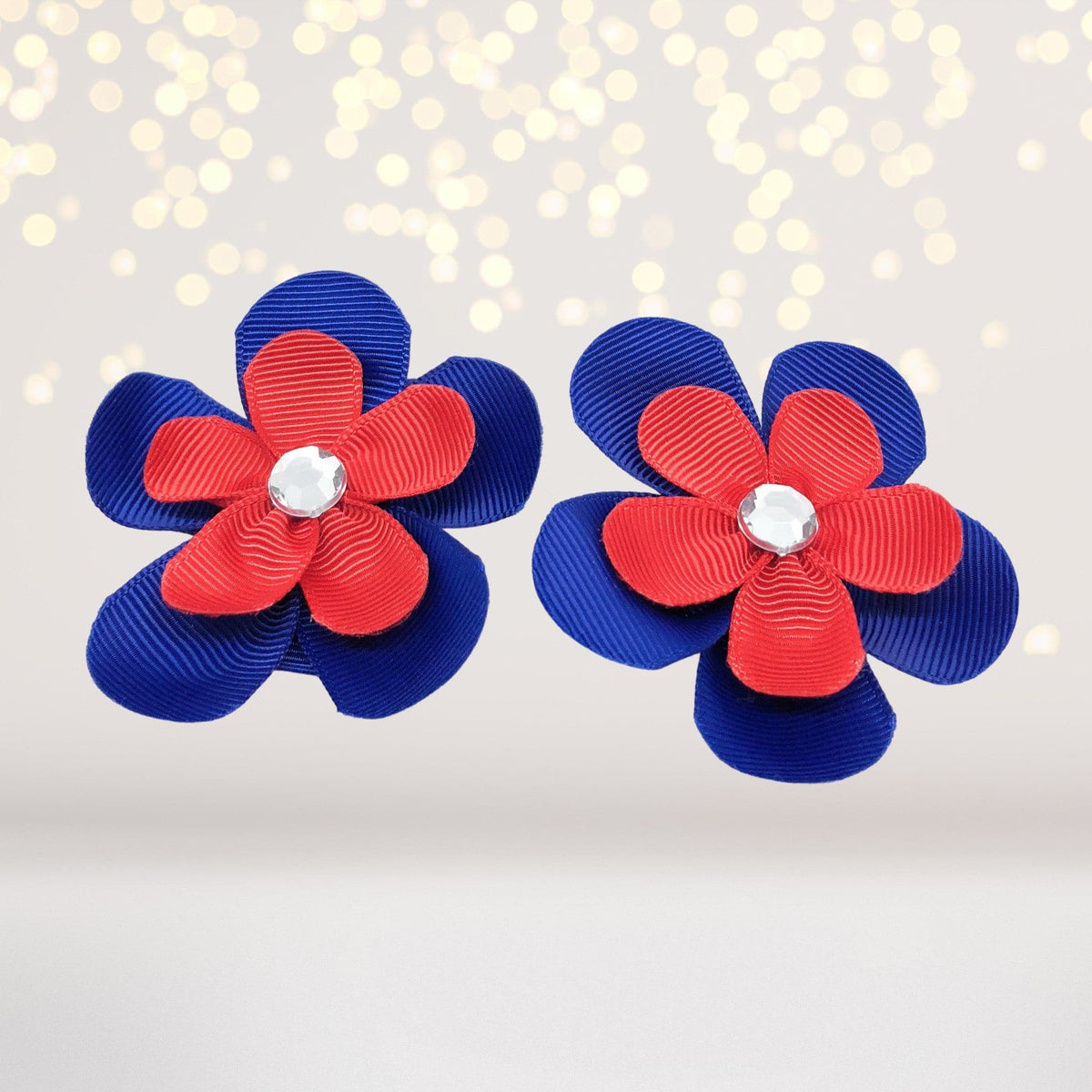 Girls double-layer flower hair clips blue and red petals with crystal centers 2-pack on Tampa Home & Garden Store