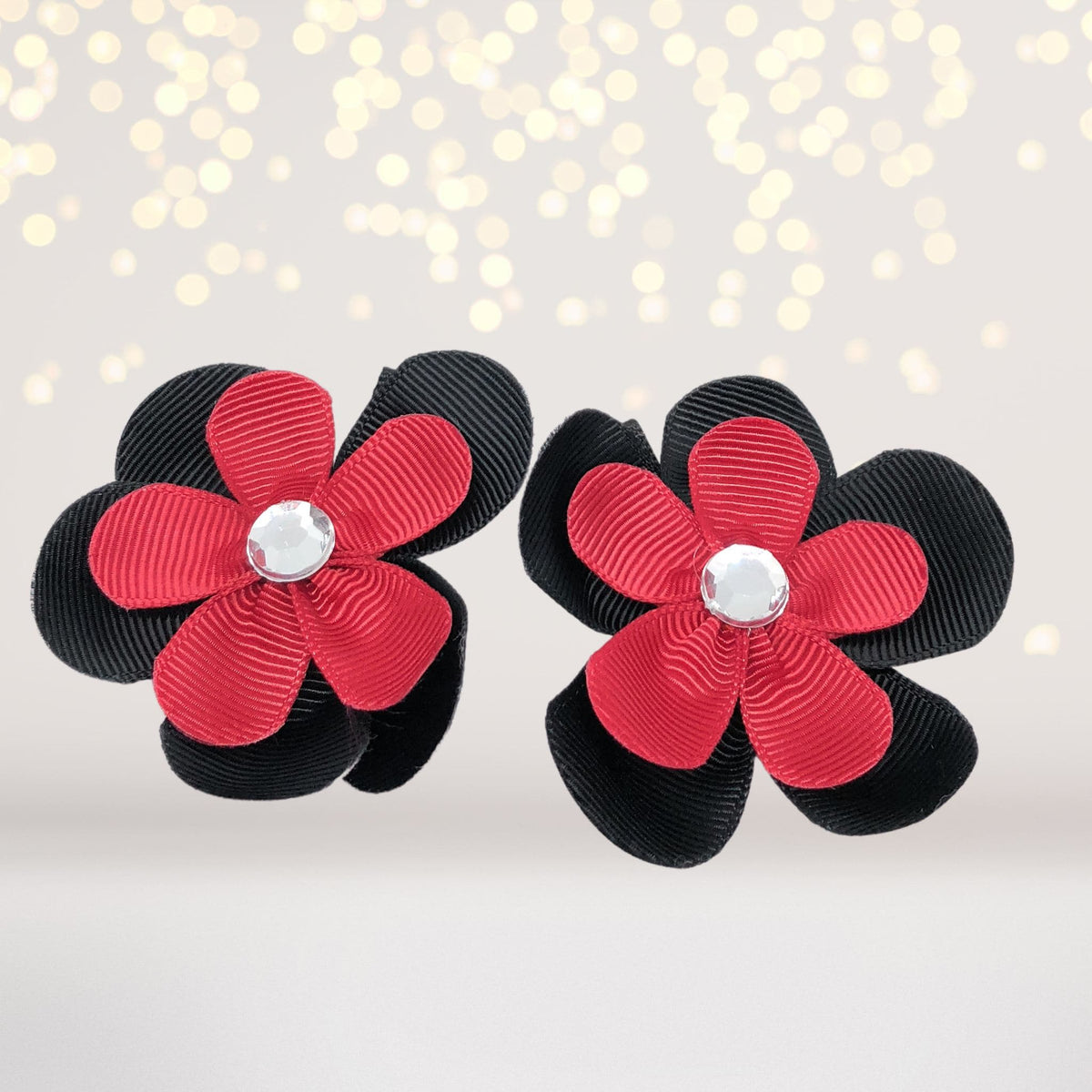 Girls Double Layered Flower Hair Clips black and red fabric petals rhinestone center Chicky Chicky Bling Bling on Tampa Home & Garden Store