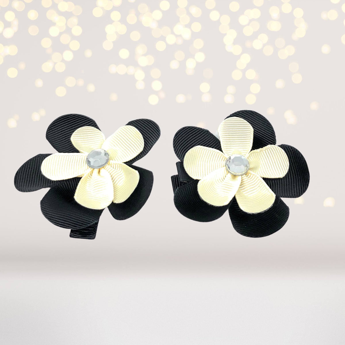 Girls Small Double Layered Flower Hair Clips black and cream ribbons with rhinestone centers on Tampa Home & Garden Store