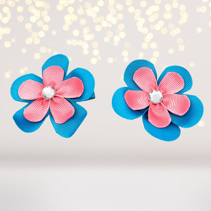 Girls small double-layered flower hair clips blue and pink petals with rhinestone centers on Tampa Home & Garden Store