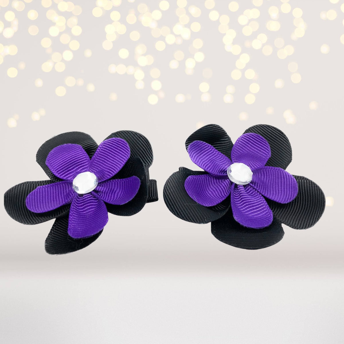 Girls small double-layered flower hair clips, black and purple petals with rhinestone centers, 2-pack on Tampa Home & Garden Store