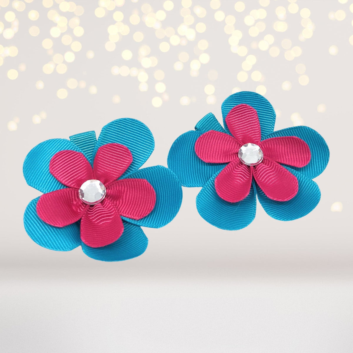 Girls flower hair clips blue outer petals pink inner petals crystal center, 2 pieces on Tampa Home & Garden Store