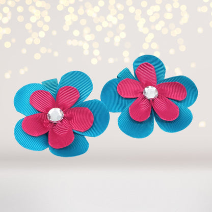 Girls flower hair clips blue outer petals pink inner petals crystal center, 2 pieces on Tampa Home & Garden Store