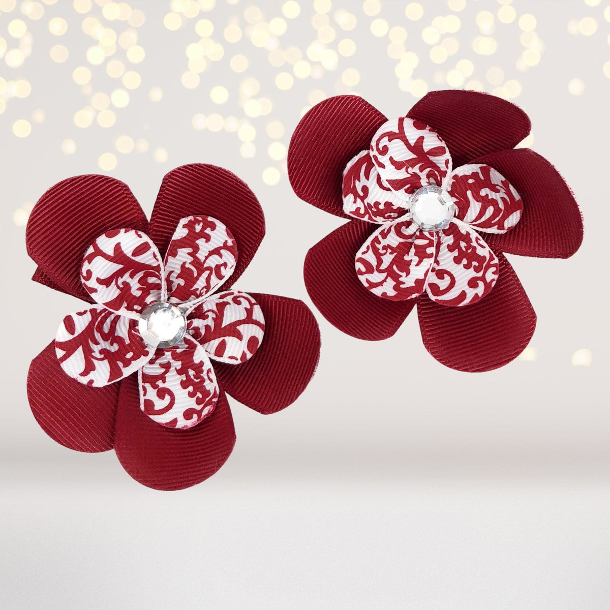 Girls red flower hair clips set of 3, double-layer satin with rhinestones on Tampa Home & Garden Store