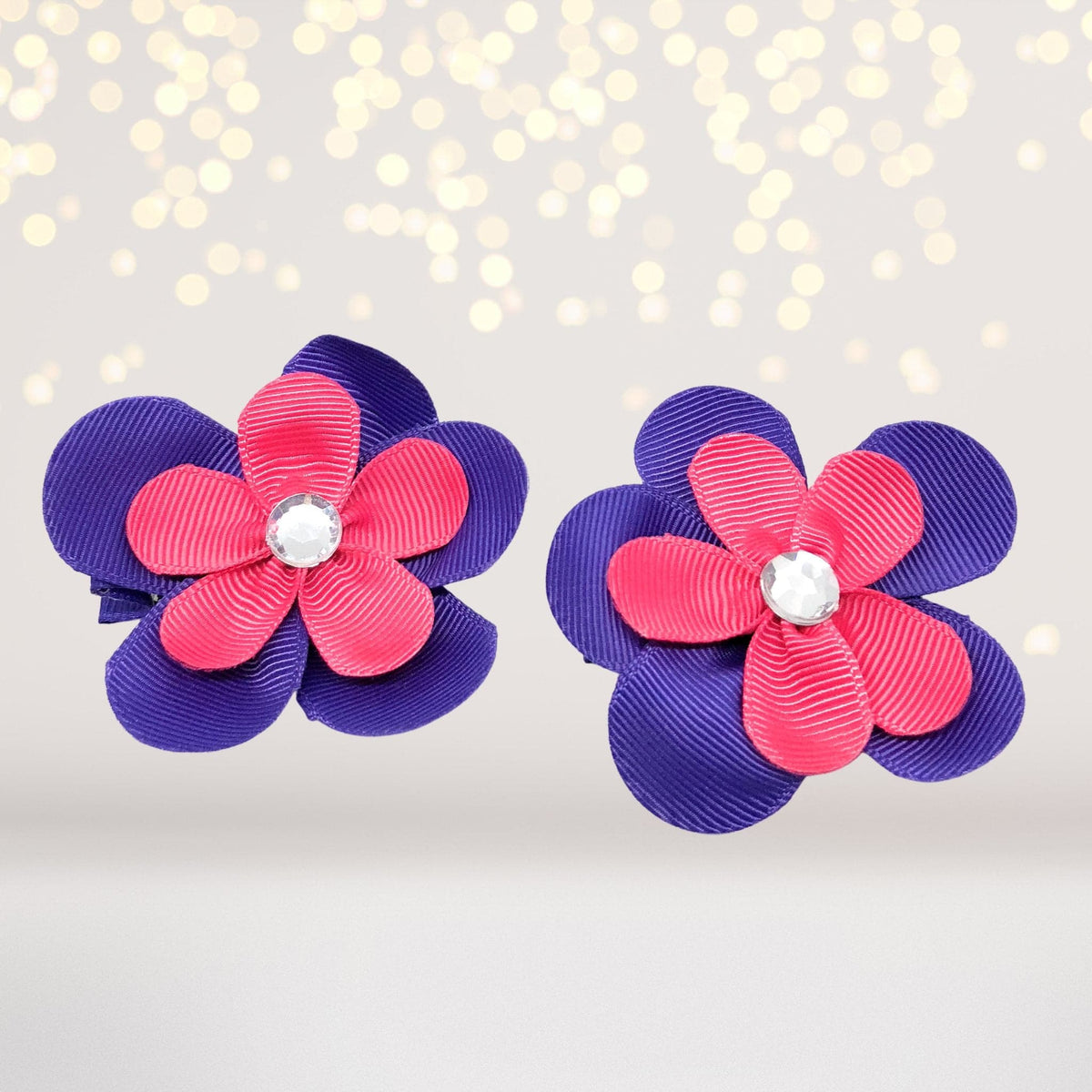 Girls small double-layered flower hair clips, purple and pink with rhinestone centers, set of 2 on Tampa Home & Garden Store