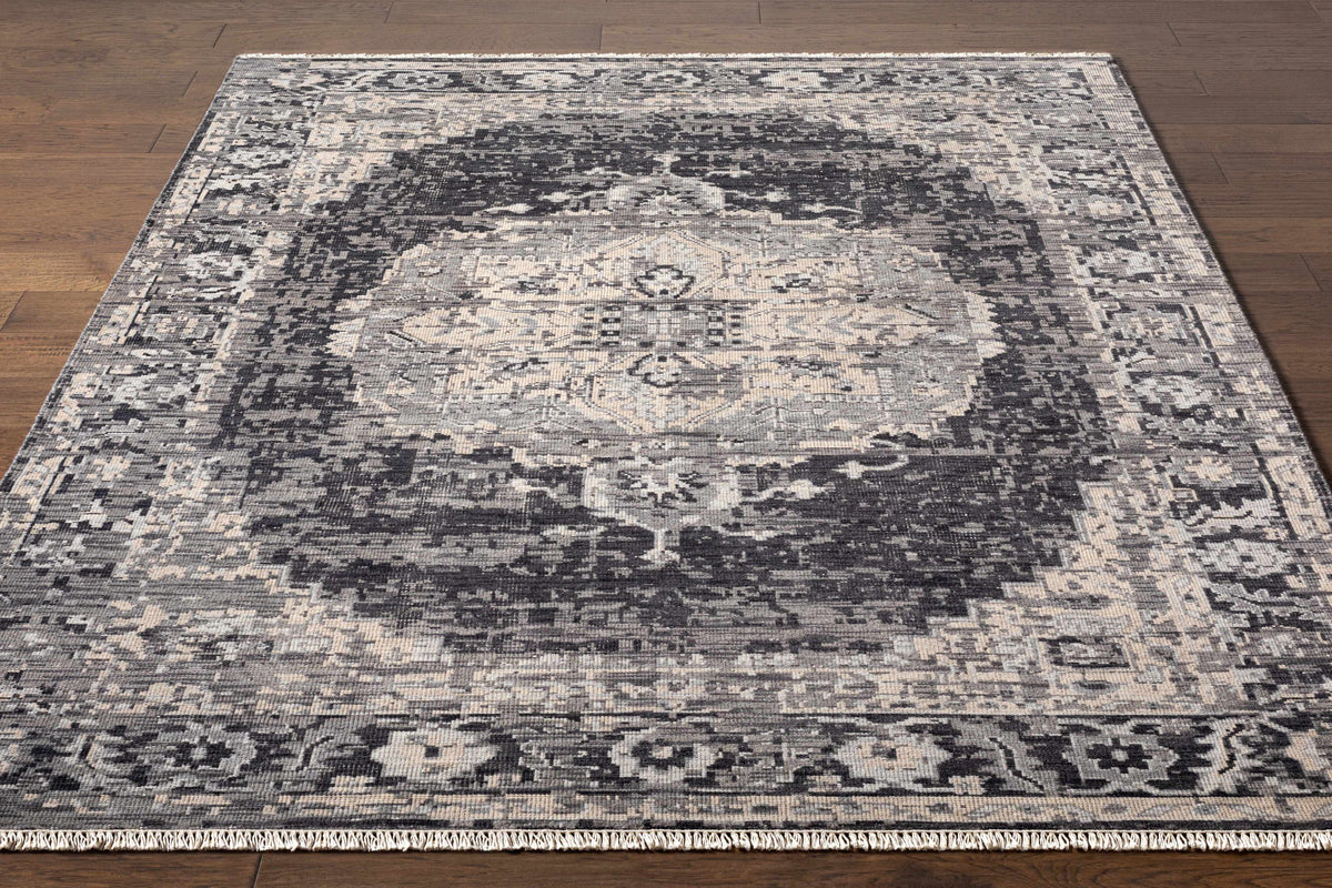Girraween Premium Rug by Boutique Rugs in gray-black distressed pattern with fringed edge on Tampa Home & Garden Store