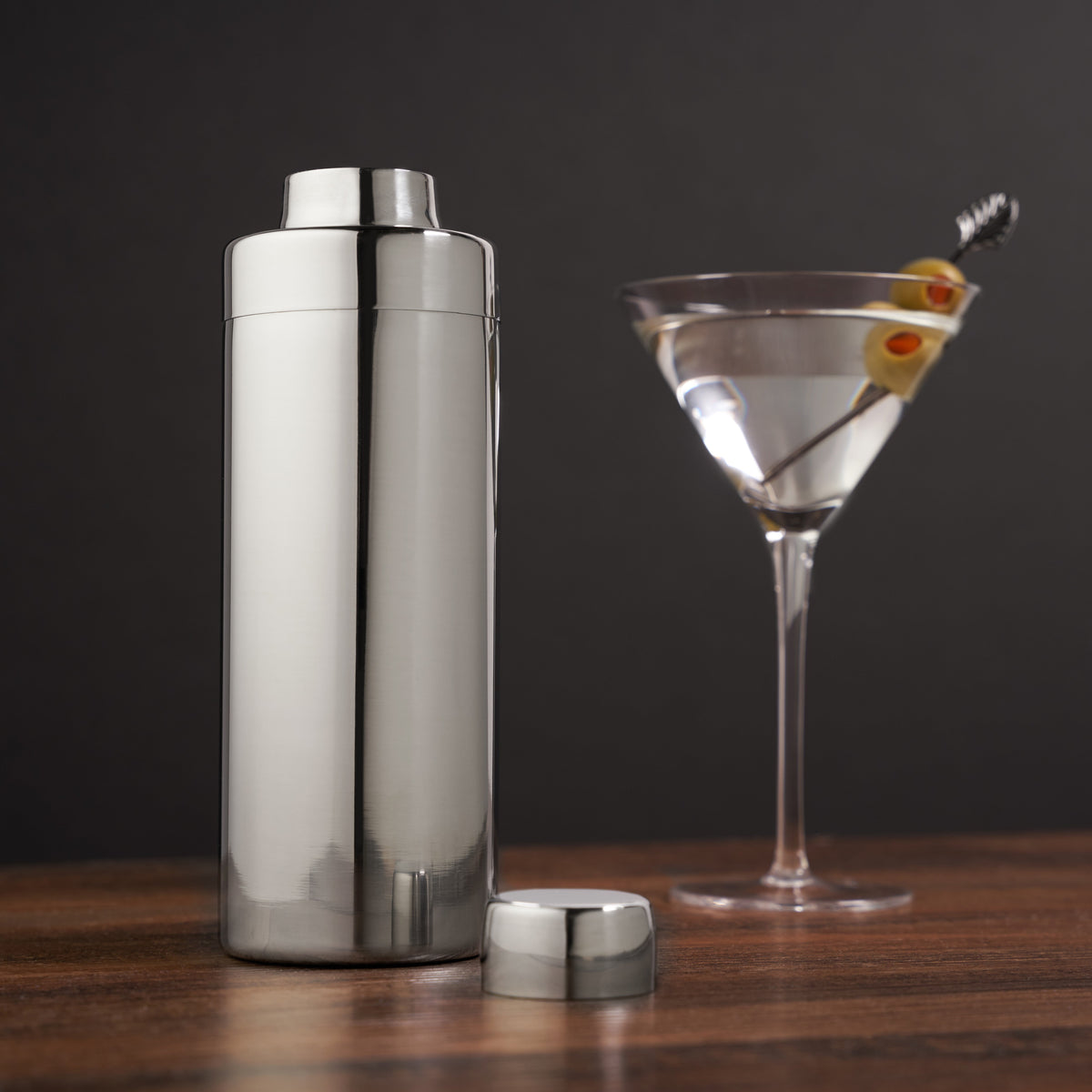 Harrison Element shaker by Viski; polished stainless steel 2-piece with cap, martini glass nearby on Tampa Home & Garden Store