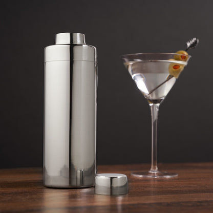 Harrison Element shaker by Viski; polished stainless steel 2-piece with cap, martini glass nearby on Tampa Home & Garden Store