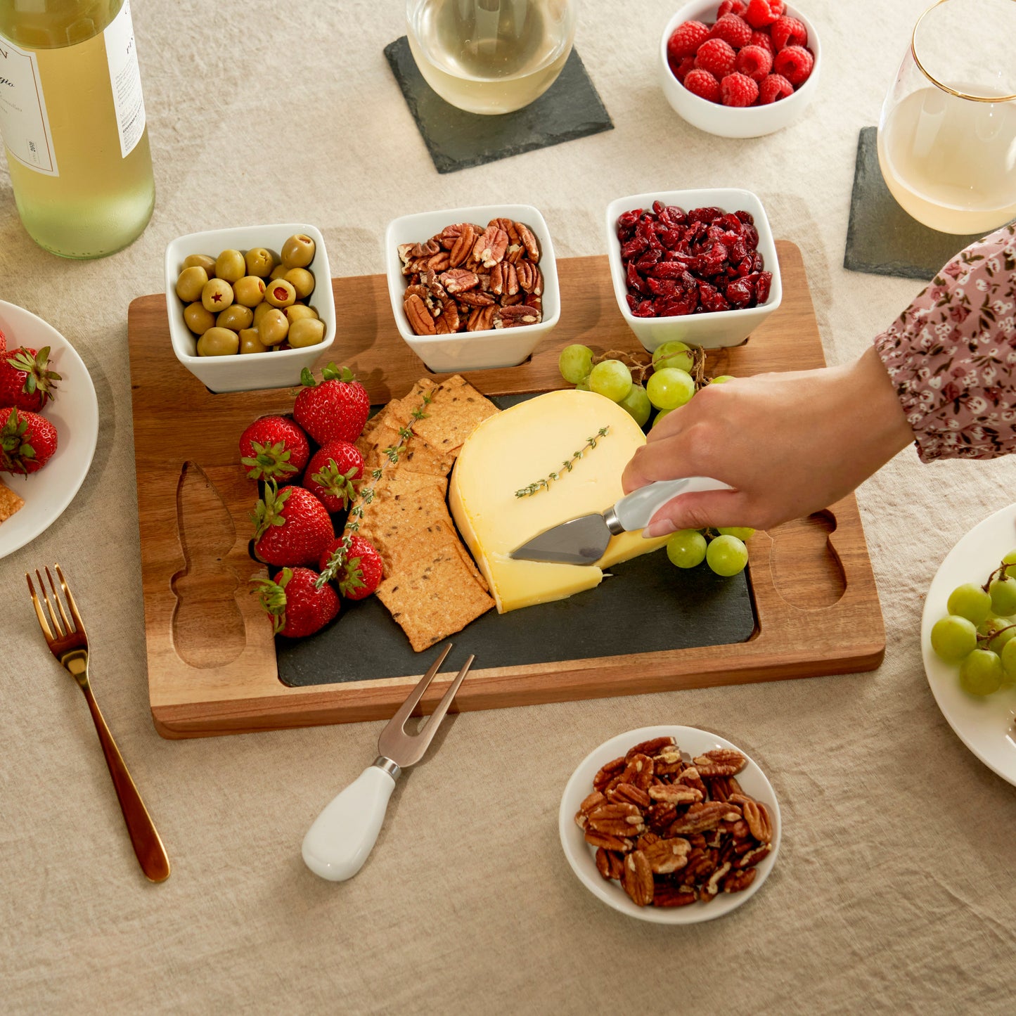 Acacia and Slate Cheese Board with Ceramic Bowls