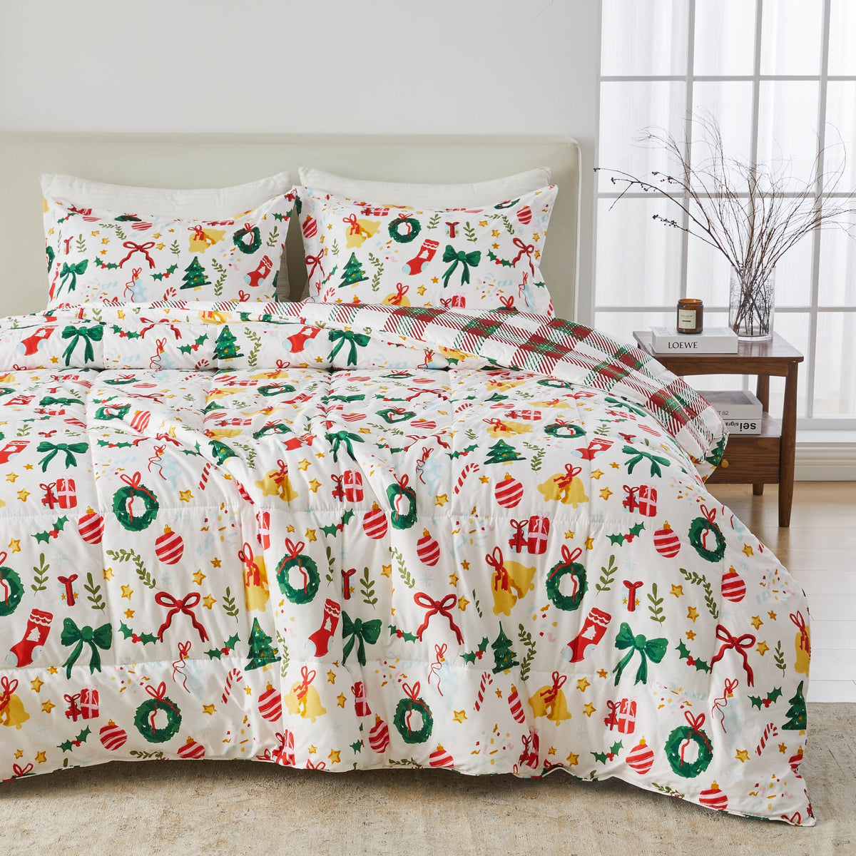 Reversible Christmas Comforter and Sham Set by Great Bay Home with festive icons on white quilt on Tampa Home & Garden Store