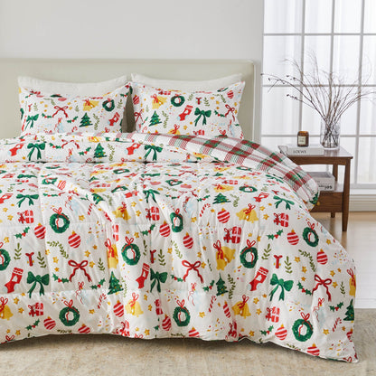 Reversible Christmas Comforter and Sham Set by Great Bay Home with festive icons on white quilt on Tampa Home & Garden Store