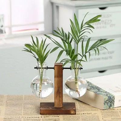 Glass Planter Bulb Vase with Wooden Stand