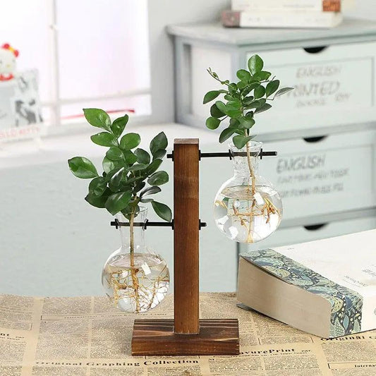 Glass Planter Bulb Vase with Wooden Stand